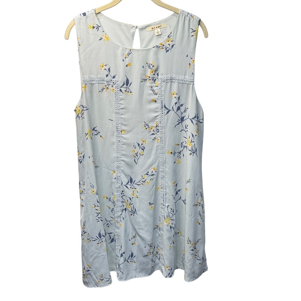 Miami Light Blue‎ Floral Sleeveless Shift Dress with Crochet Lace Trim Large